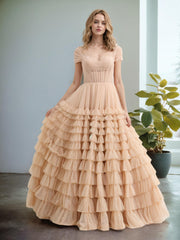 Ball Gown Short Sleeves Layers Prom Dress