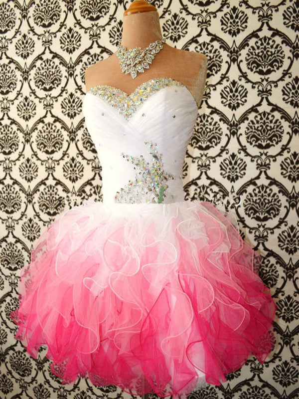 Sweetheart Neck White and Pink Short Prom Dress, Prom Gown, Short colorful Graduation Dress, Homecoming Dress