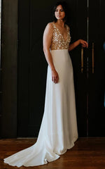A-Line V-neck Low-V Back Appliques Satin Simple Wedding Dress