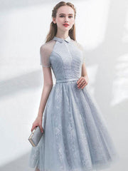 Cute gray tulle lace short prom dress, gray evening dress