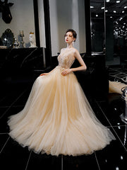 Champagne A line manual beads tulle long prom dress, tulle evening dress
