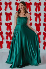 Jimiss minimalist A-line boat neck sleeveless pleated tie and floor length evening gown