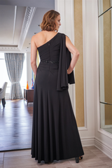 Single shoulder flowing long sleeved handmade beaded mother of the bride dress