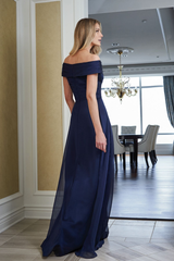 A-line off shoulder collar chiffon pleated body and floor length mother of the bride dress