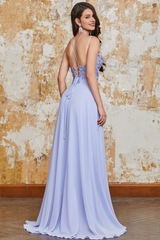 Lavender Purple A-line Thin Shoulder Strap Cross Back Long slit Evening Dress