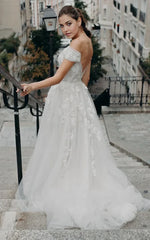 Bohemian A Line Off-the-shoulder Tulle Short Sleeve Brush Train Wedding Dress with Appliques
