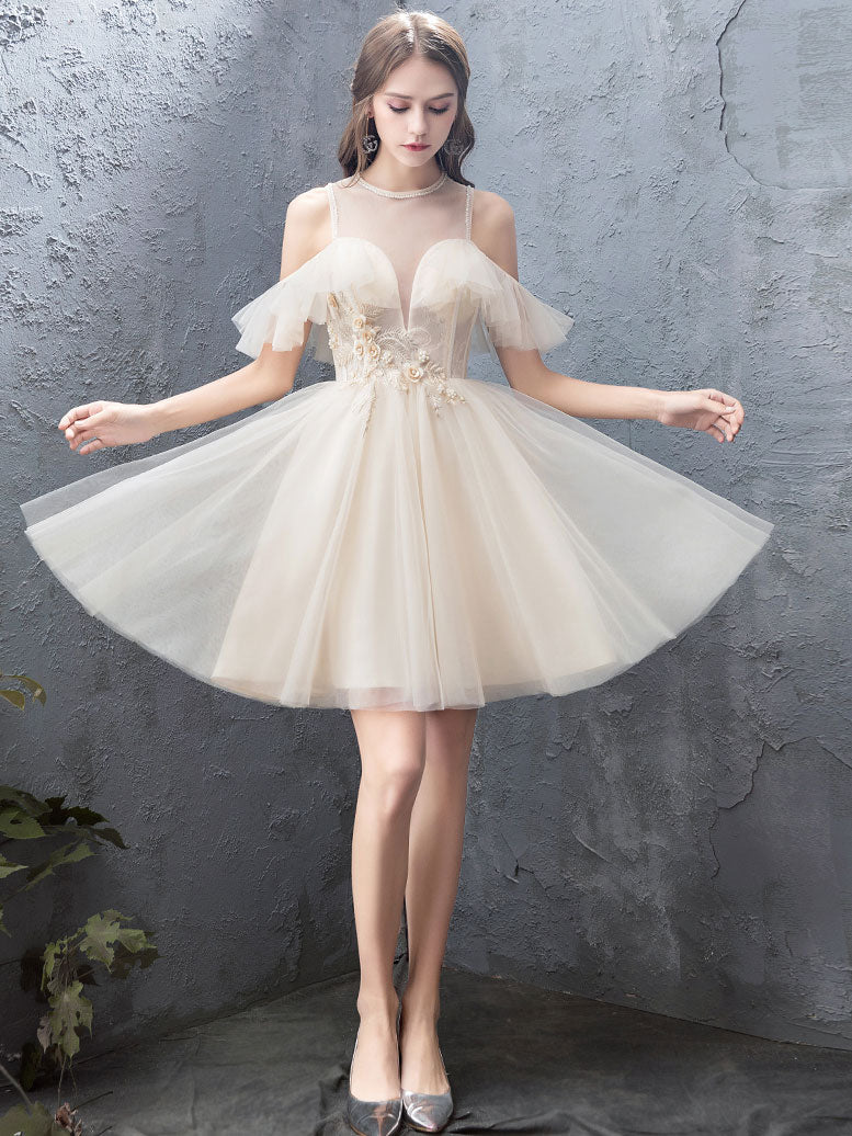 Cute champagne tulle short prom dress, tulle homecoming dress