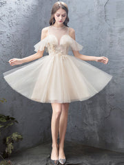 Cute champagne tulle short prom dress, tulle homecoming dress