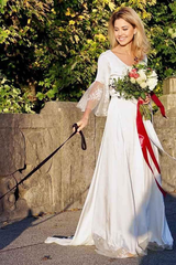 A-Line V-Neck Long Sleeves Satin Wedding Dress with Lace