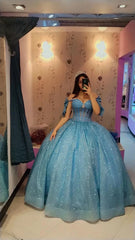 Elegant Blue Sweetheart Off-the-shoulder Sweet 16 Quinceanera A-Line Floor-length Prom Dress Birthday Dress Evening Dress Ball Gown HZ1024