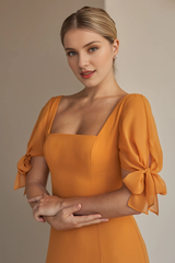 Square neckline chiffon A-line bow front slit bridesmaid dress
