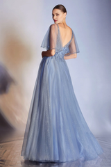 A-line sheer V-neck transparent short sleeved and floor length Prom dress
