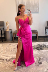 Jimiss V-neck purple red pleated slit mermaid long dress