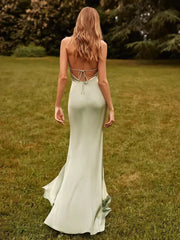 Sheath Deep V Satin Fabric Wedding Party Dress formal dresses evening gown Bridesmaid Dress With Train