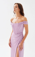 A-line off shoulder tight corset with side slits and floor length evening dress