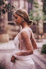 A-line See Through Tulle Pearl Long Sleeve Wedding Dresses