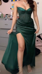 Green Strapless Split Prom Dress Long Wed Dress Formal Gown