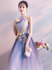 Unique lace applique tulle long prom dress, tulle evening dress