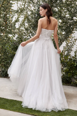 Sexy Strapless Slit Leg Wedding Dress Tulle A-Line Long Dress