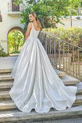 A-line square neckline tight fitting corset sleeveless backless and floor length wedding dress