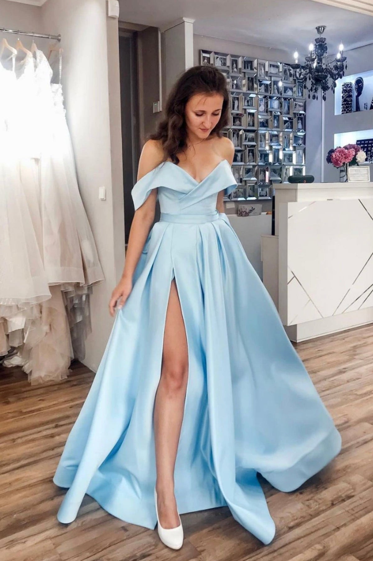Blue Satin Long Prom Dresses, Off the Shoulder Evening Dresses