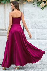Wine red A-line shoulder to floor length satin bridesmaid dress