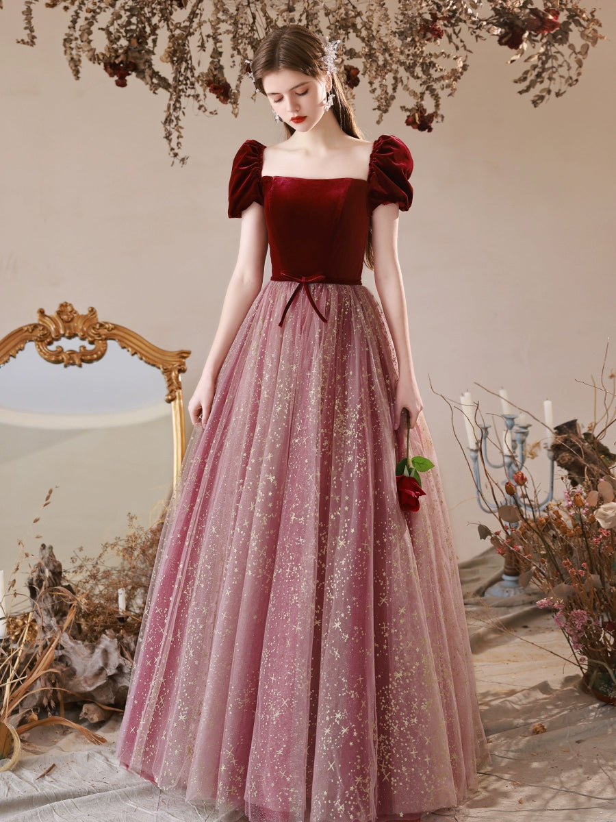 Burgundy A-Line Tulle Long Prom Dress, Burgundy Formal Dress