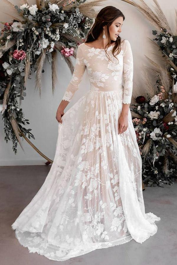 A-line Scoop Neck Long Sleeves Lace Bridal Gown Weddding Dress