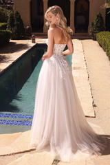 Off white floral decal and floor length strapless dress