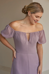 A-line thin shoulder strap off shoulder collar short bubble sleeves central slit bridesmaid dress