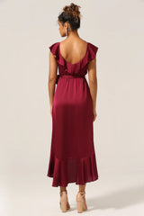 Wine red ruffled asymmetrical V-neck long bridesmaid dress