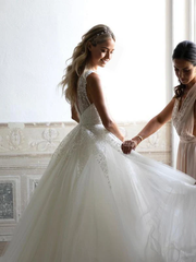 A-line V-neck Sequins Lace Neckline Chapel Train Wedding Dresses