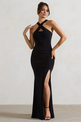 Cross neck off shoulder collar with side slit and floor length evening dress - Jimiss Dress