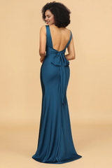 Ink blue fishtail collar long satin bridesmaid dress