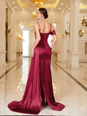 Satin backless slit thigh slim shoulder straps and floor length formal dresses