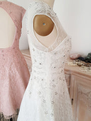 White round neck tulle lace short prom dress lace bridesmaid dress
