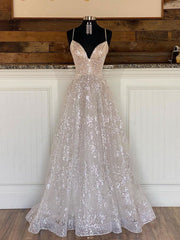 Simple A line v neck tulle sequin long prom dress, tulle formal dress