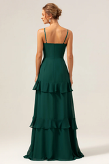 Deep green A-line V-neck ruffled chiffon layered and floor length slit bridesmaid dress