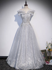 Gray tulle lace sequin long prom dress, gray tulle formal dress