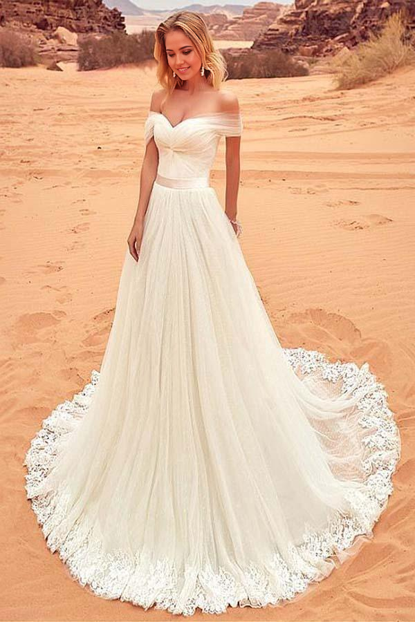 A-line Tulle Off-the-shoulder Lace Neckline Wedding Dress With Appliques