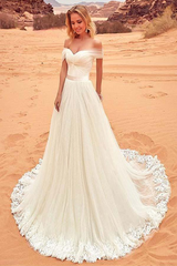 A-line Tulle Off-the-shoulder Lace Neckline Wedding Dress With Appliques