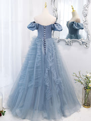 Blue tulle off shoulder long prom dress, blue tulle formal dress