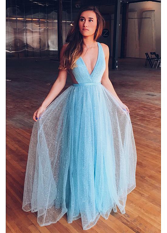 Sequin Tulle V-neck Beadings Floor-length A-line Prom Dress