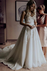 A-Line Sweetheart Appliques Sweep Train Wedding Dress with Beading