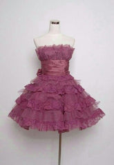 Elegant Strapless A Line Lace Short Prom Dress Tiered Cocktail Dresses