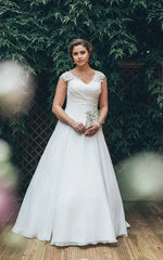 A-Line V-Neck Cap Chiffon Appliques Criss Cross Court Train Wedding Dresses