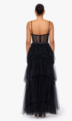 Folded cape collar transparent tight corset layered ruffle edge dress