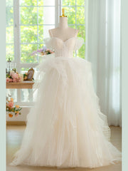 Sweetheart Neck Tulle Beads Light Champagne Long Prom Dress, Light Champagne Formal Dress