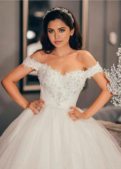 A-line Off-the-Shoulder Sleeveless Beading Ball Gown Wedding Dress with Train