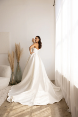 Pleated strapless satin and floor length wedding dress